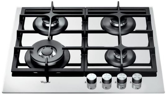 Кухні в стилі лофт або хай-тек прекрасно доповняться ефектною газової поверхнею   Whirlpool GOA 6425 / WH   - практично дзеркальна поверхня білого скла з акцентом чорних конфорок та решіток виглядає оригінально і естетично
