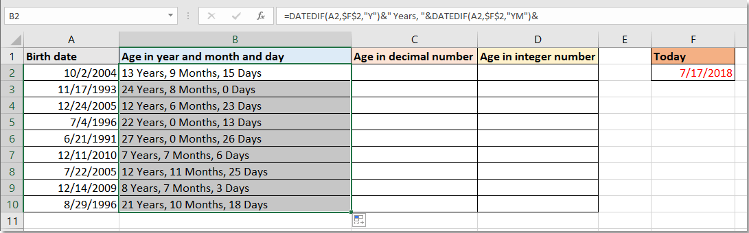 Якщо є стовпець заданих дат народження, чи можете ви швидко розрахувати кожен вік на основі даних дат народження в роках, місяцях і днях або в десятковому значенні, як показано на наступному скріншоті